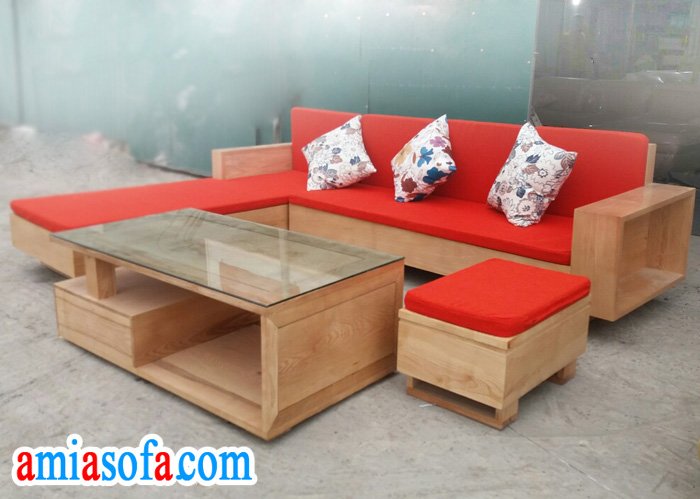 Bộ sofa gỗ sồi đẹp dạng góc chữ L đang bán tại kho AmiA Hà Nội